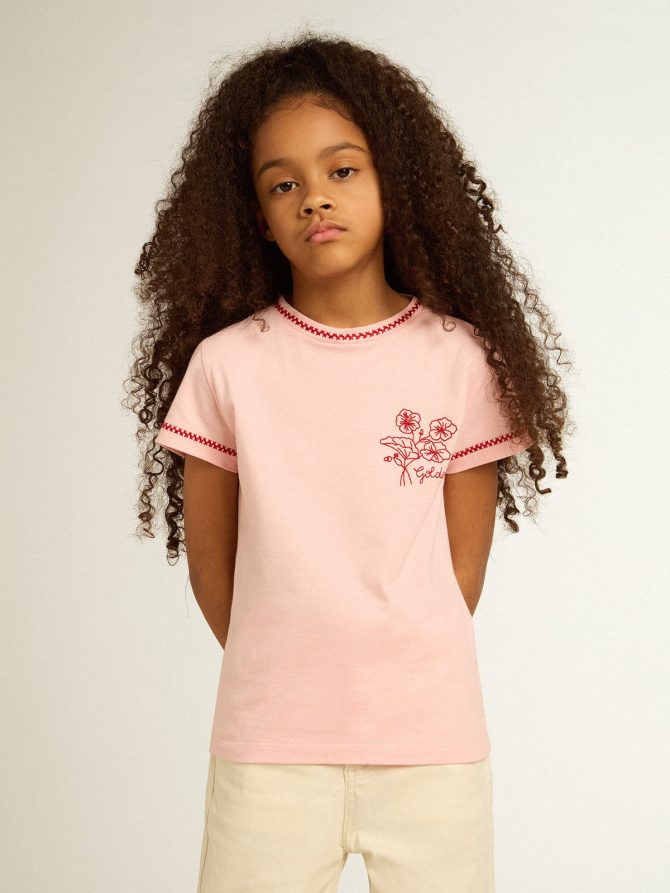 Pink T-shirt with red trim and embroidered flower on the heart - Image 2