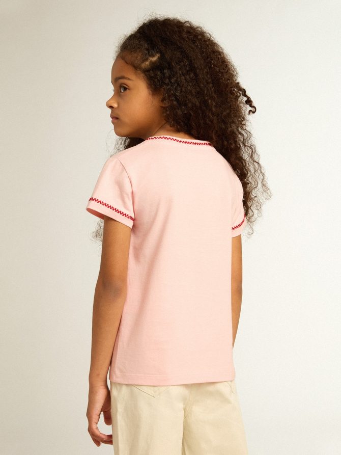 Pink T-shirt with red trim and embroidered flower on the heart - Image 4