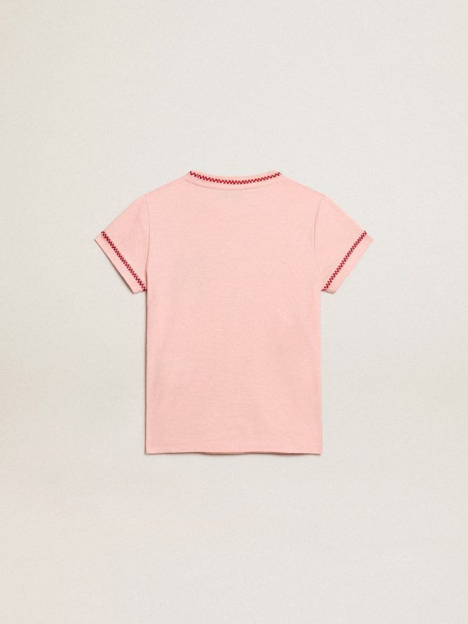 Pink T-shirt with red trim and embroidered flower on the heart - Image 6