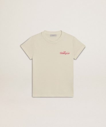 Girls’ cotton T-shirt in worn white with red embroidery on the chest
