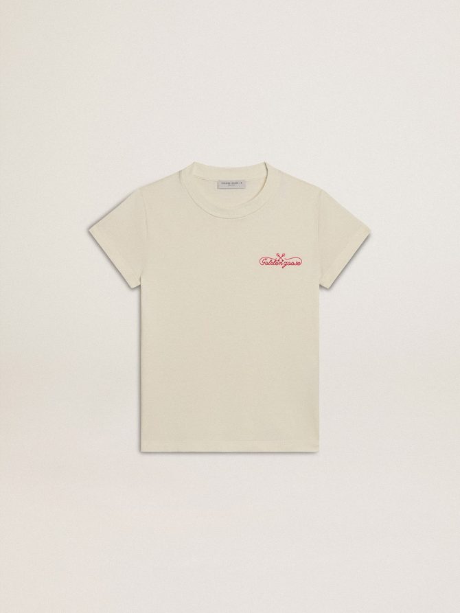 Girls’ cotton T-shirt in worn white with red embroidery on the chest