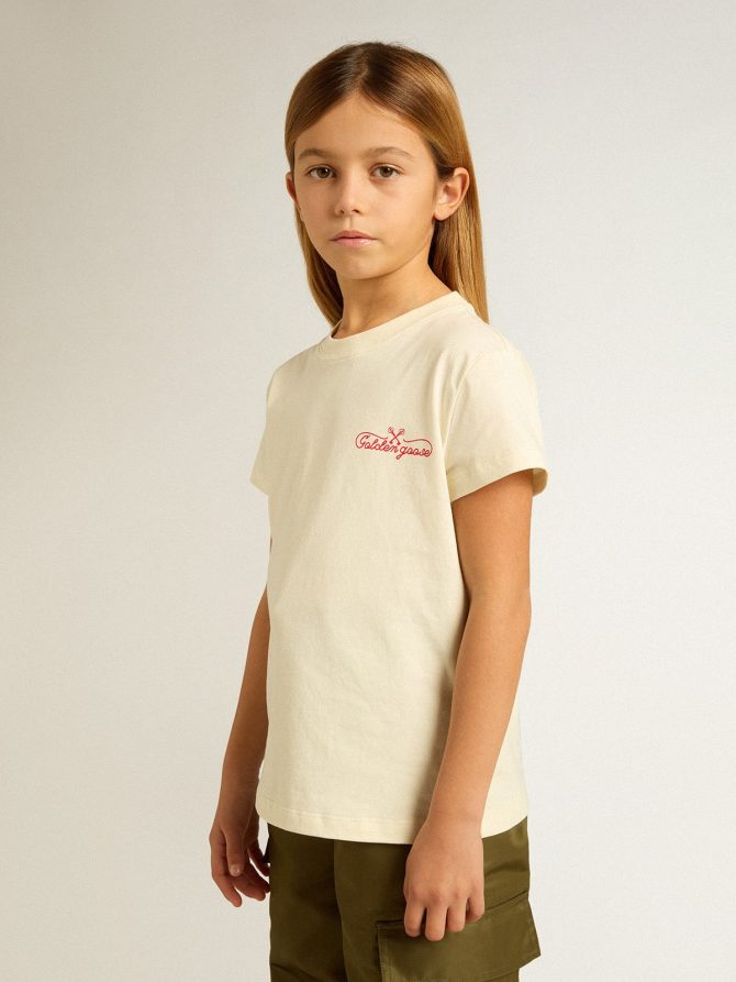 Girls’ cotton T-shirt in worn white with red embroidery on the chest - Image 2