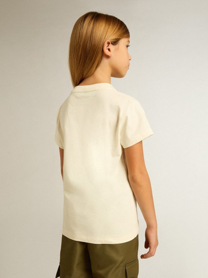 Girls’ cotton T-shirt in worn white with red embroidery on the chest - Image 4