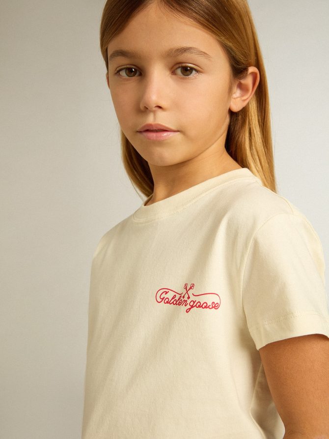 Girls’ cotton T-shirt in worn white with red embroidery on the chest - Image 5