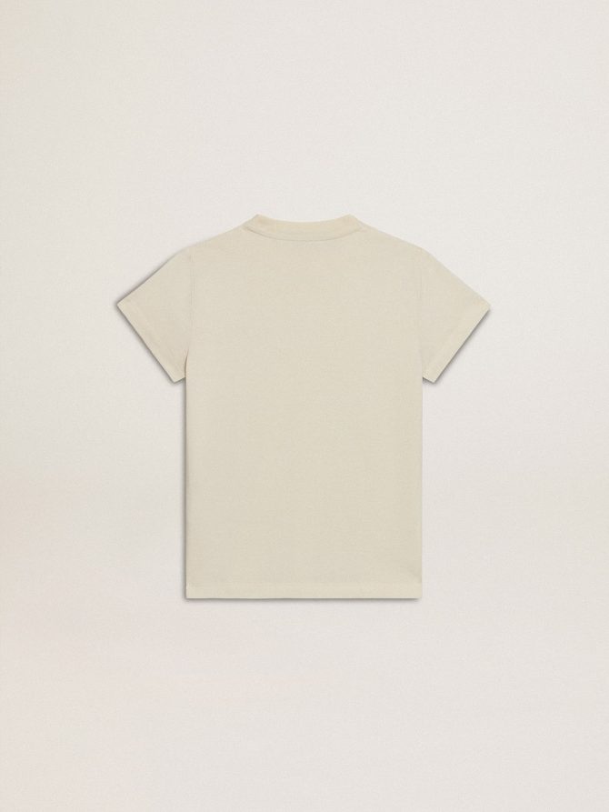 Girls’ cotton T-shirt in worn white with red embroidery on the chest - Image 6