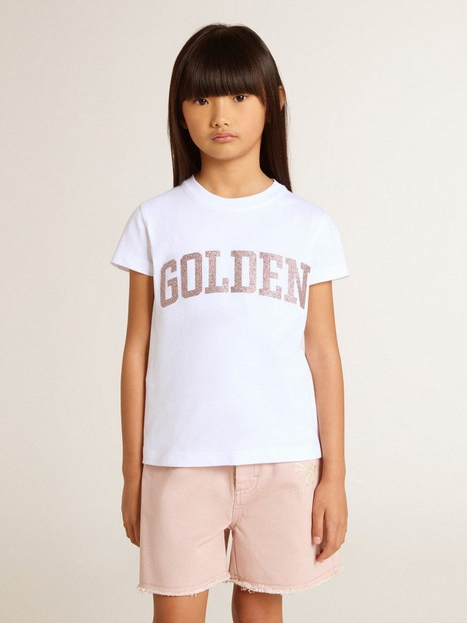 Girls’ white T-shirt with pink glitter Golden lettering - Image 2