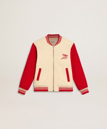 Kids’ bomber jacket in beige and red cotton with embroidery on the chest
