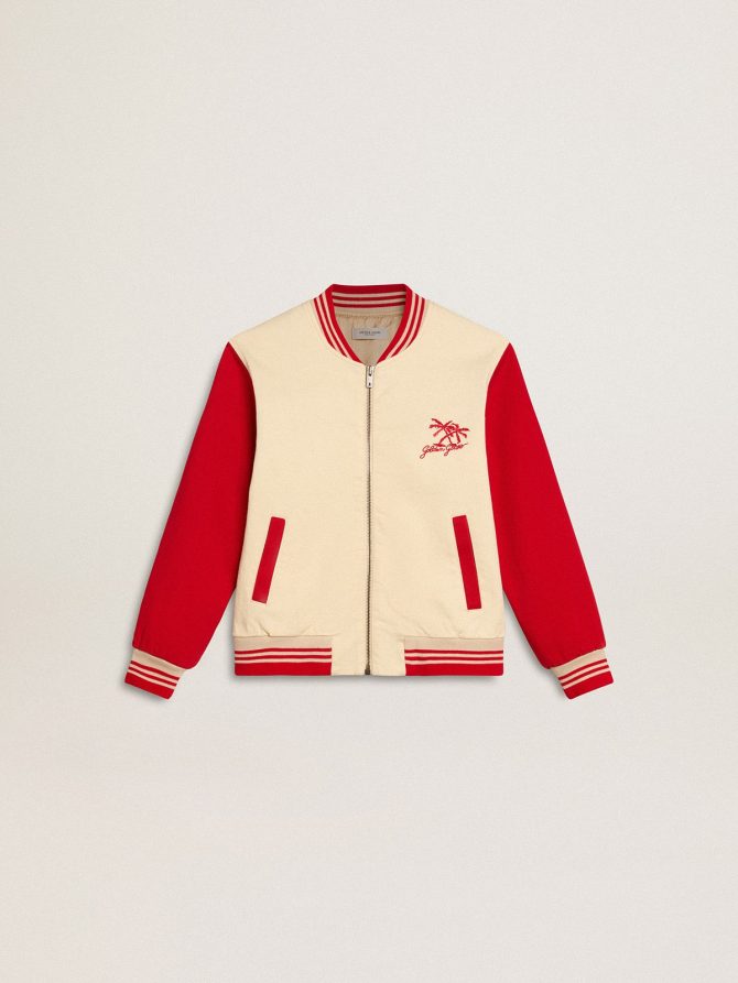 Kids’ bomber jacket in beige and red cotton with embroidery on the chest
