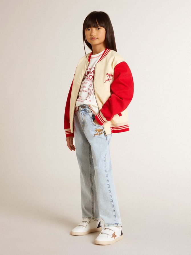 Kids’ bomber jacket in beige and red cotton with embroidery on the chest - Image 3