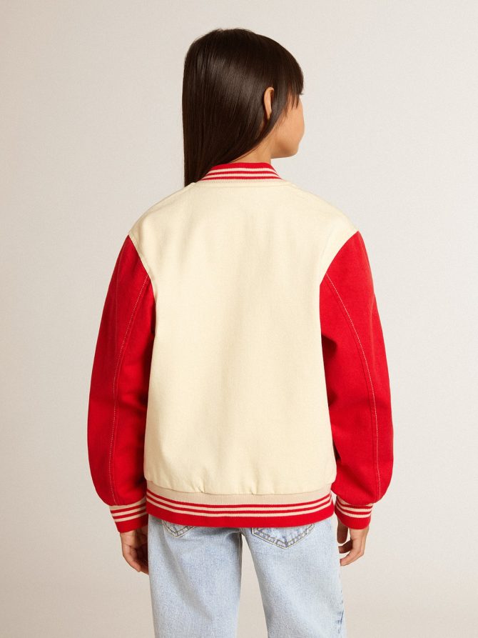 Kids’ bomber jacket in beige and red cotton with embroidery on the chest - Image 4