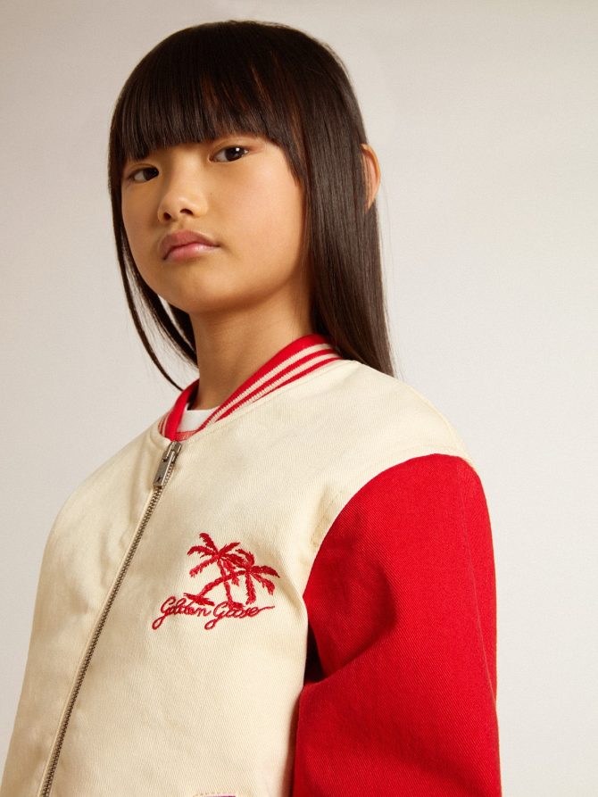 Kids’ bomber jacket in beige and red cotton with embroidery on the chest - Image 5