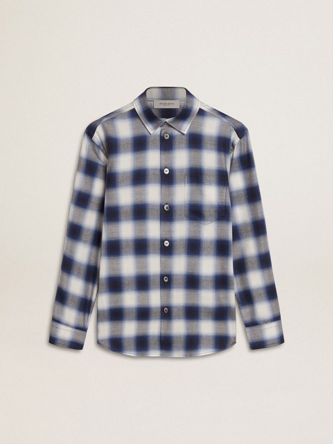 Boys’ blue and white checked shirt with print on the back