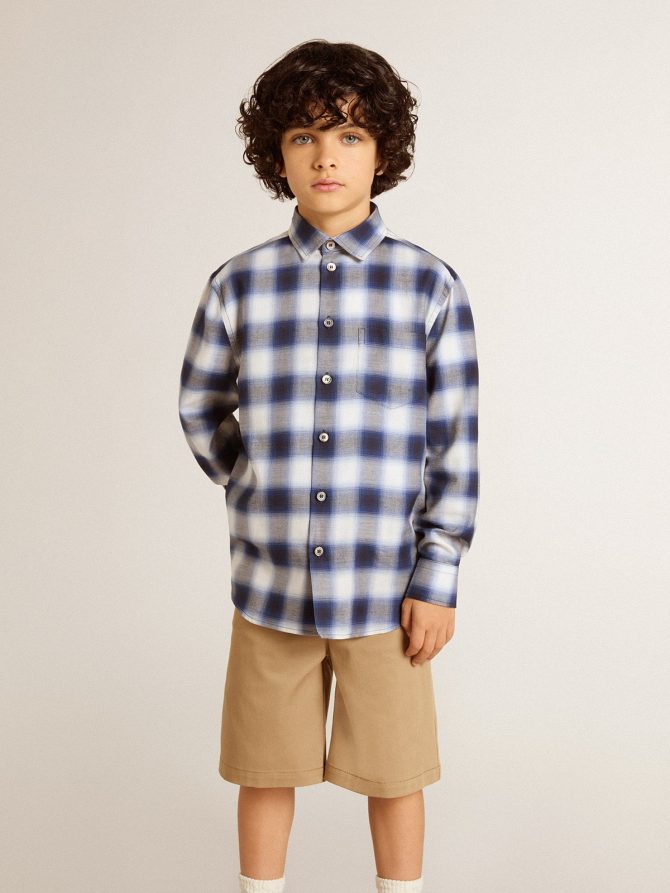 Boys’ blue and white checked shirt with print on the back - Image 2
