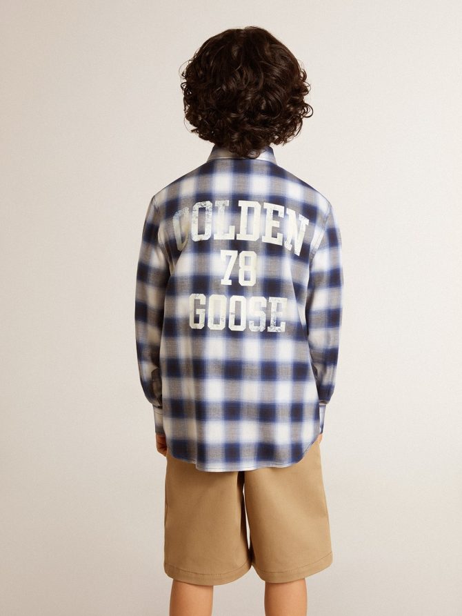 Boys’ blue and white checked shirt with print on the back - Image 4