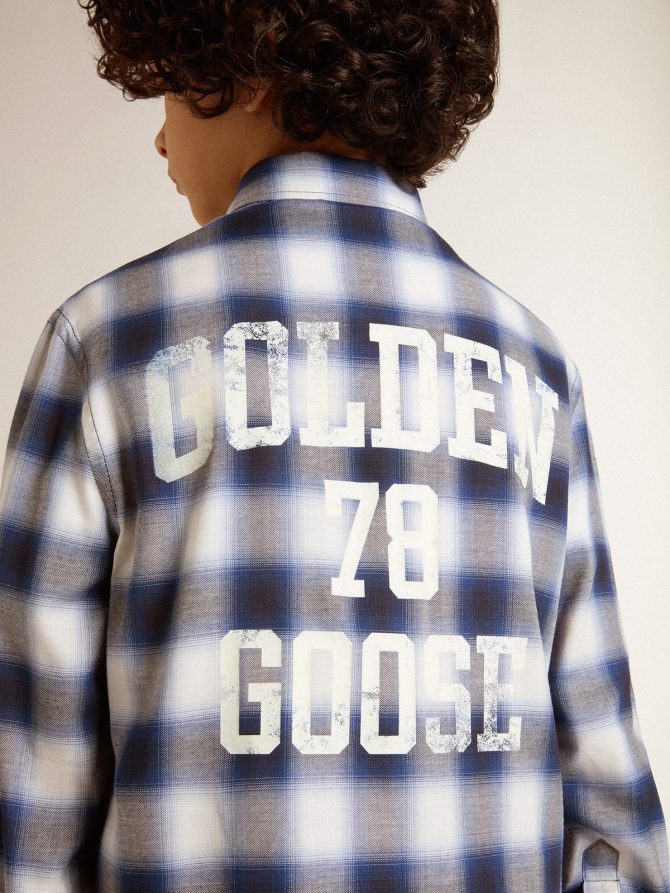 Boys’ blue and white checked shirt with print on the back - Image 5