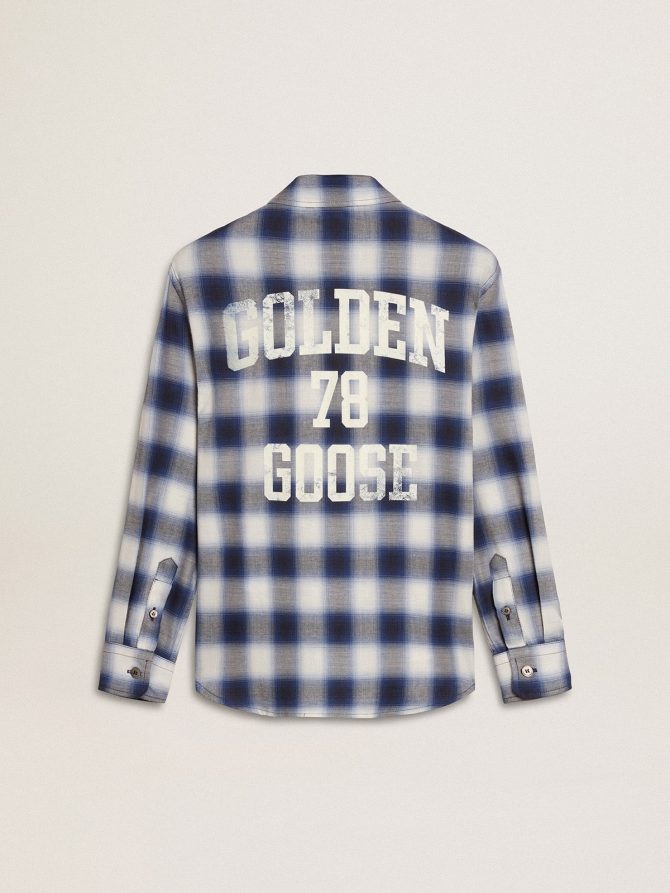 Boys’ blue and white checked shirt with print on the back - Image 6