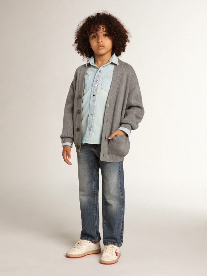 Gray cotton cardigan with logo on the back - Image 4