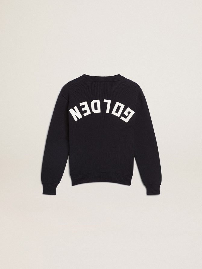 Round-neck sweater in dark blue cotton - Image 2
