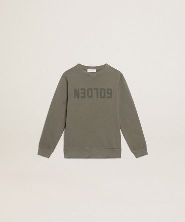 Distressed olive-green sweatshirt with Golden lettering on the front