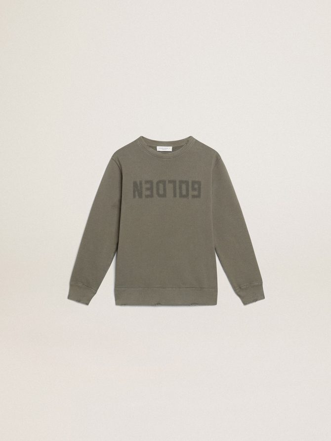 Distressed olive-green sweatshirt with Golden lettering on the front