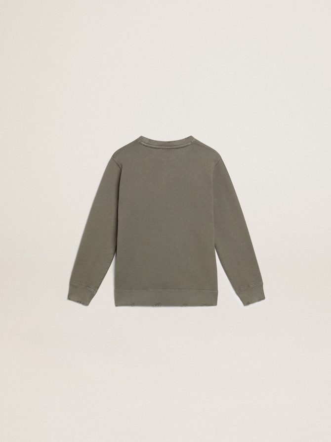 Distressed olive-green sweatshirt with Golden lettering on the front - Image 2