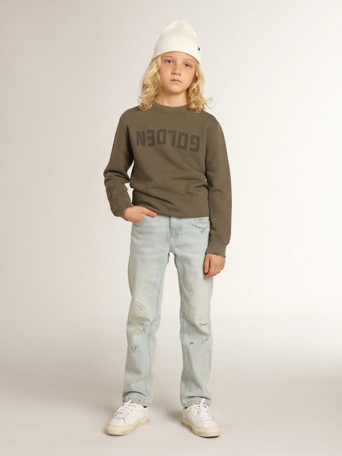 Distressed olive-green sweatshirt with Golden lettering on the front - Image 4