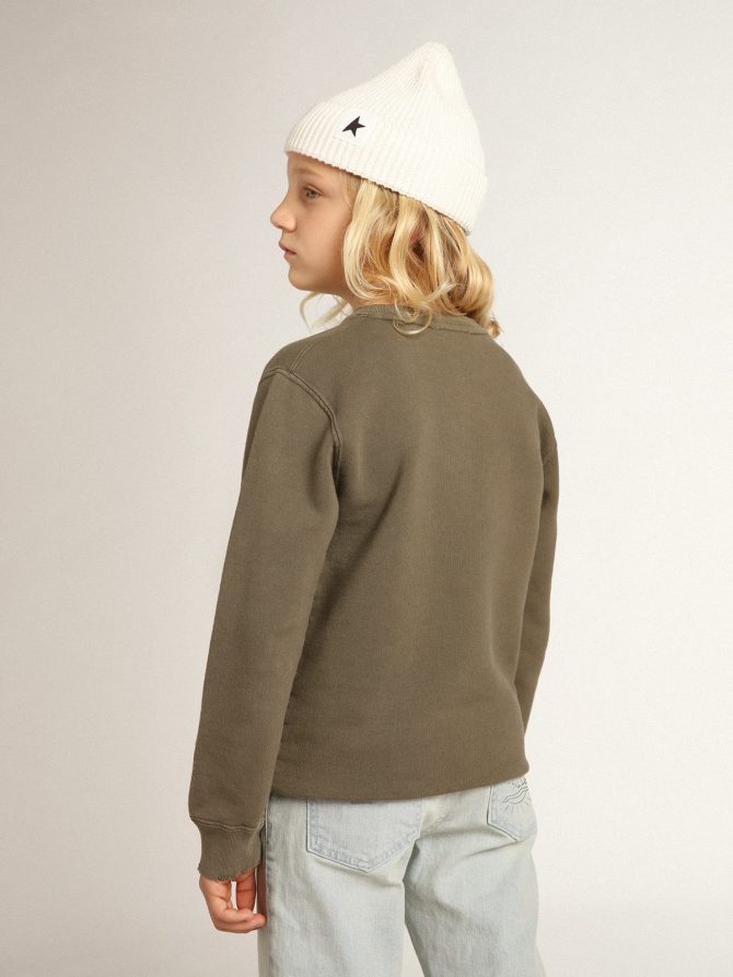 Distressed olive-green sweatshirt with Golden lettering on the front - Image 5
