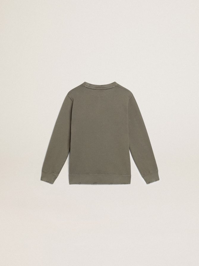 Distressed olive-green sweatshirt with Golden lettering on the front - Image 6
