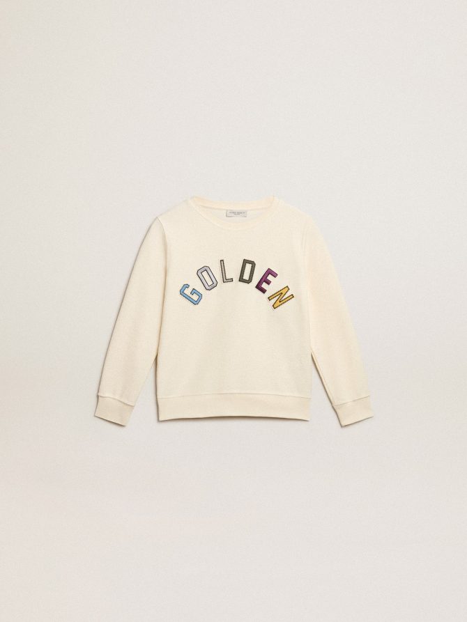 Sweatshirt in aged white with multicolor Golden lettering on the front