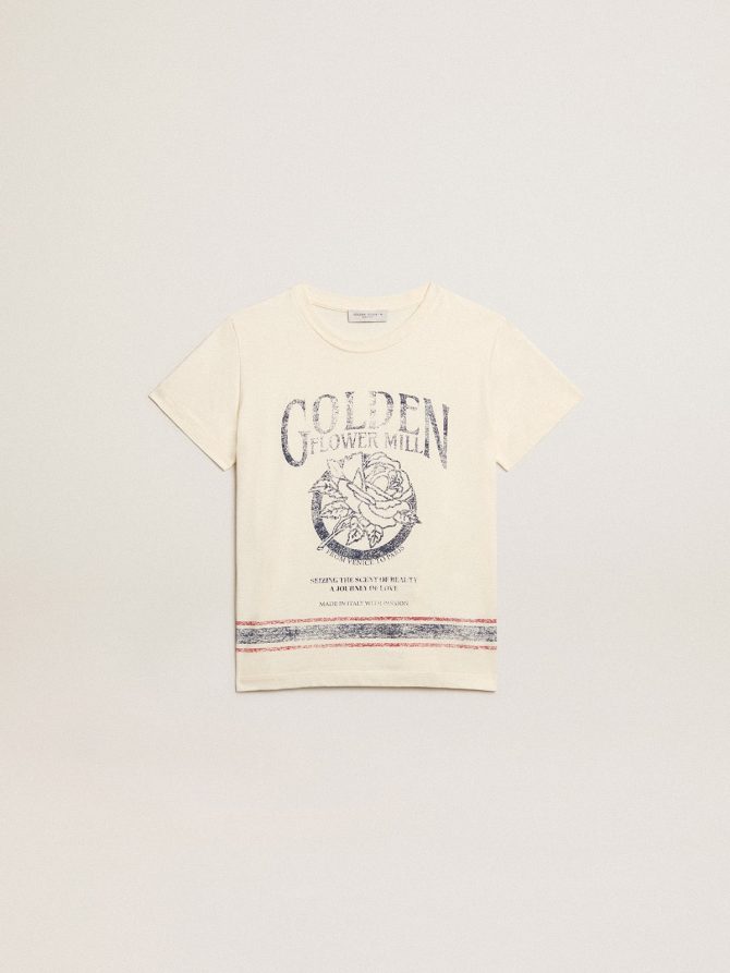 Cotton T-shirt in aged white with faded print at the center