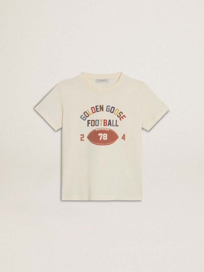 Boys’ T-shirt in worn white with multicolor lettering