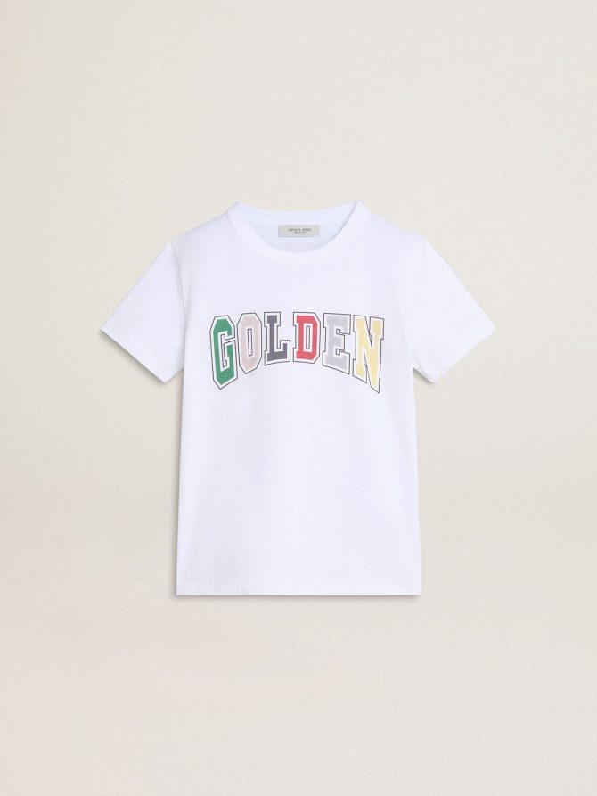 Boys’ white T-shirt with multicolored Golden print