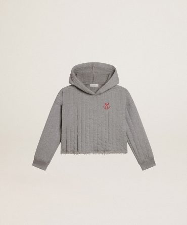 Girls’ cropped sweatshirt in gray melange with a hood and embroidery on the front