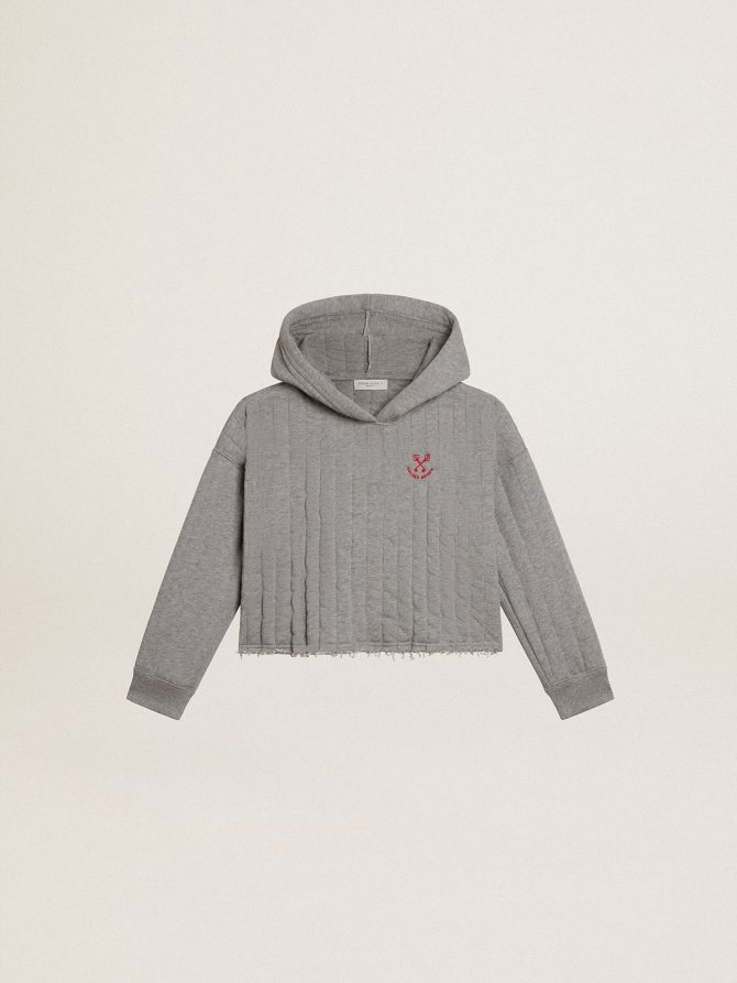 Girls’ cropped sweatshirt in gray melange with a hood and embroidery on the front