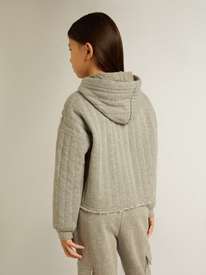 Girls’ cropped sweatshirt in gray melange with a hood and embroidery on the front - Image 4