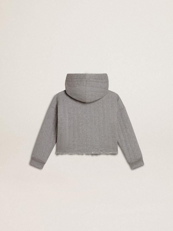 Girls’ cropped sweatshirt in gray melange with a hood and embroidery on the front - Image 6