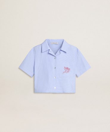 Girls’ cropped shirt in striped light blue cotton