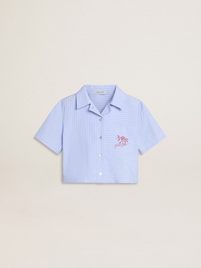 Girls’ cropped shirt in striped light blue cotton