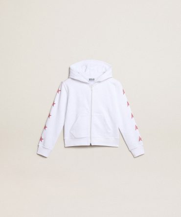 Girls’ zip-up sweatshirt in white with glitter stars on the sleeves