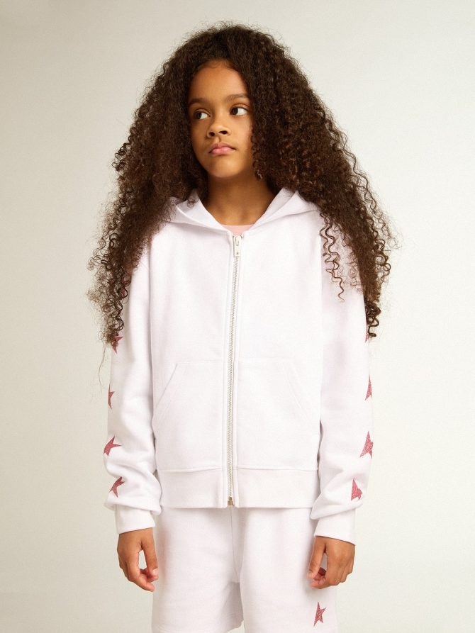 Girls’ zip-up sweatshirt in white with glitter stars on the sleeves - Image 2