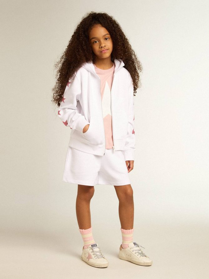 Girls’ zip-up sweatshirt in white with glitter stars on the sleeves - Image 3