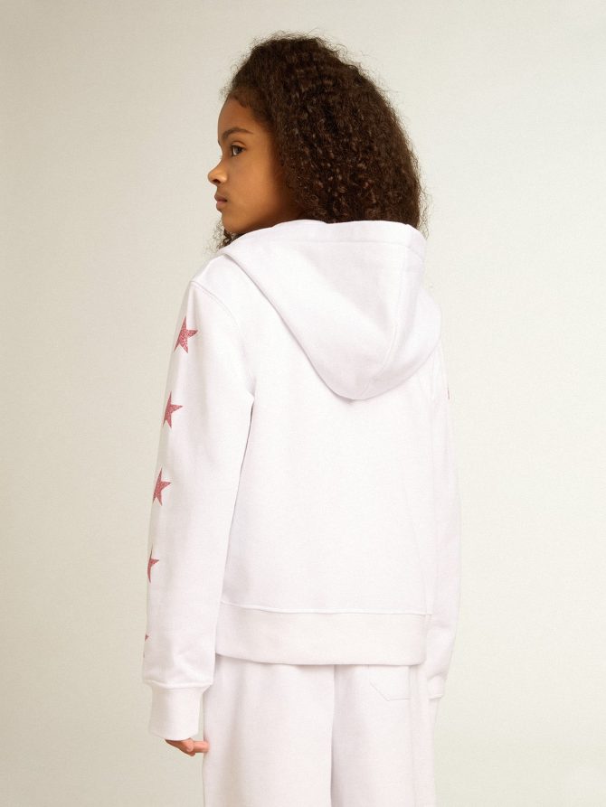 Girls’ zip-up sweatshirt in white with glitter stars on the sleeves - Image 4