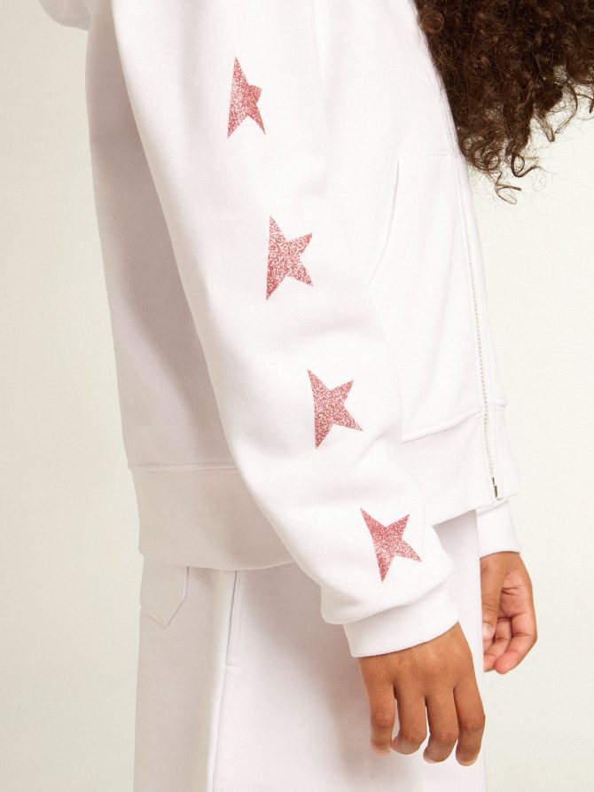 Girls’ zip-up sweatshirt in white with glitter stars on the sleeves - Image 5