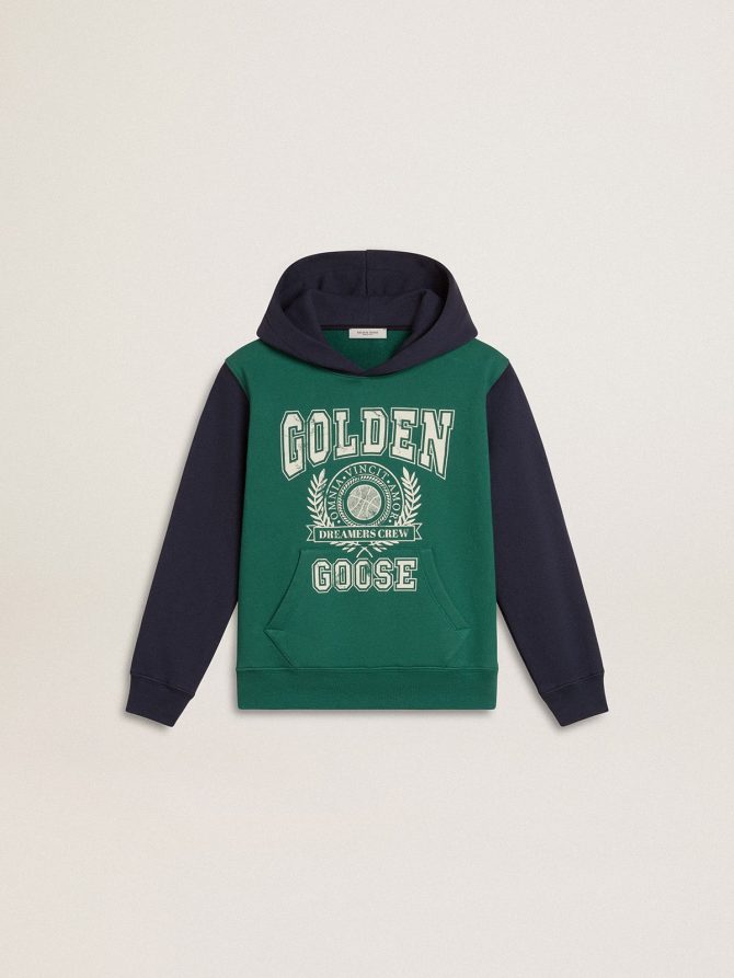 Boys’ green and blue sweatshirt with hood and print