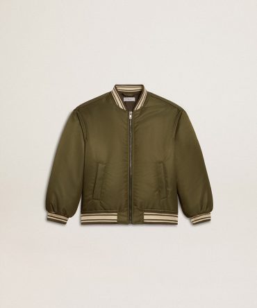 Kids military-green nylon bomber jacket with lettering on the back