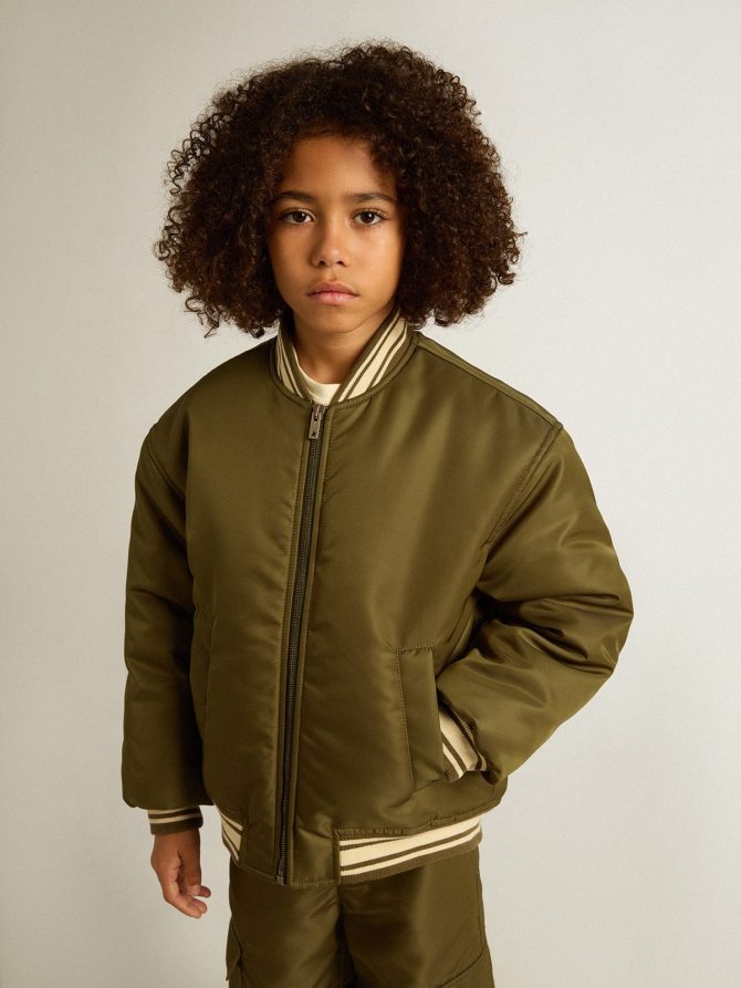 Kids military-green nylon bomber jacket with lettering on the back - Image 3