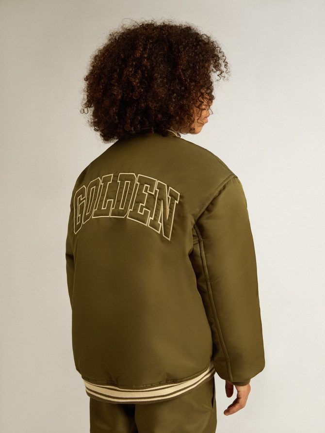 Kids military-green nylon bomber jacket with lettering on the back - Image 5