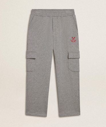 Gray melange cotton cargo joggers with embroidery