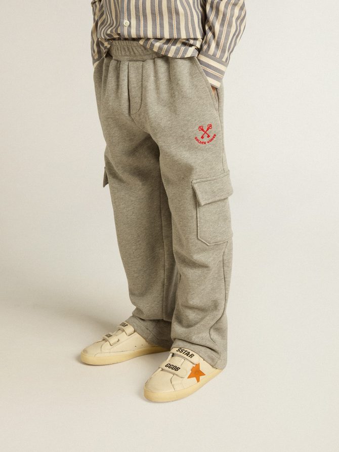 Gray melange cotton cargo joggers with embroidery - Image 2