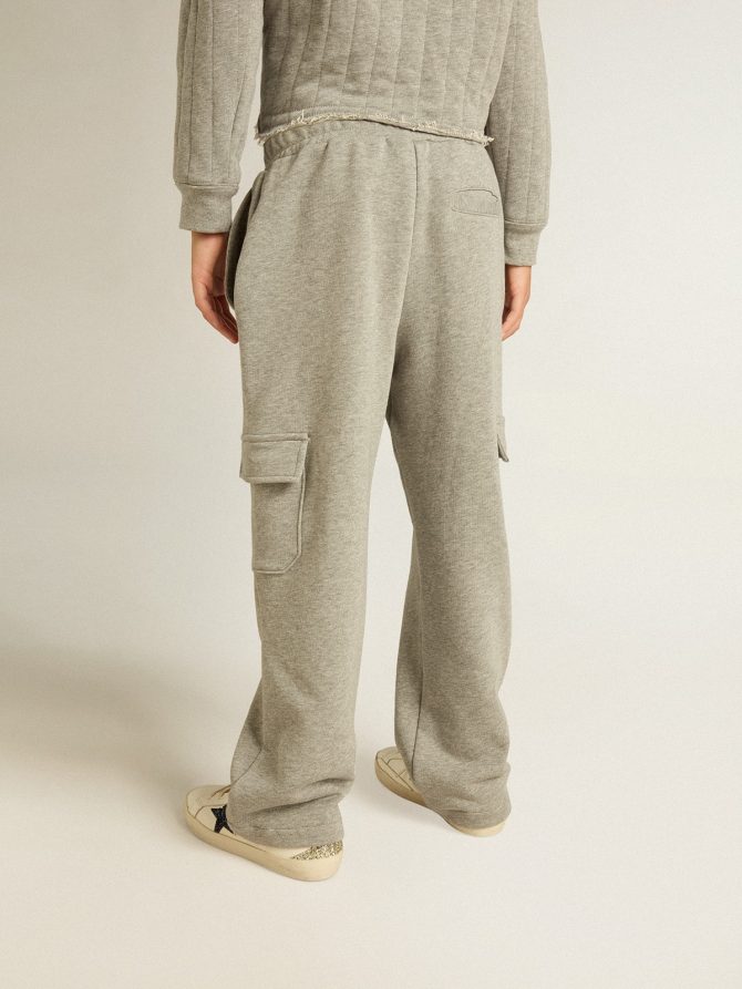 Gray melange cotton cargo joggers with embroidery - Image 6